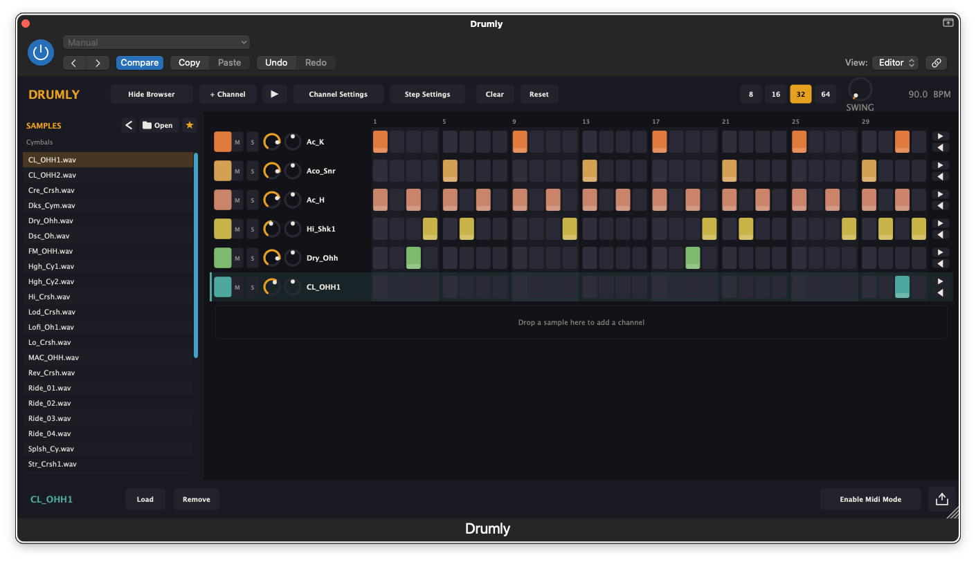 Drumly Logic Pro plugin screenshot: sequencing drum loops